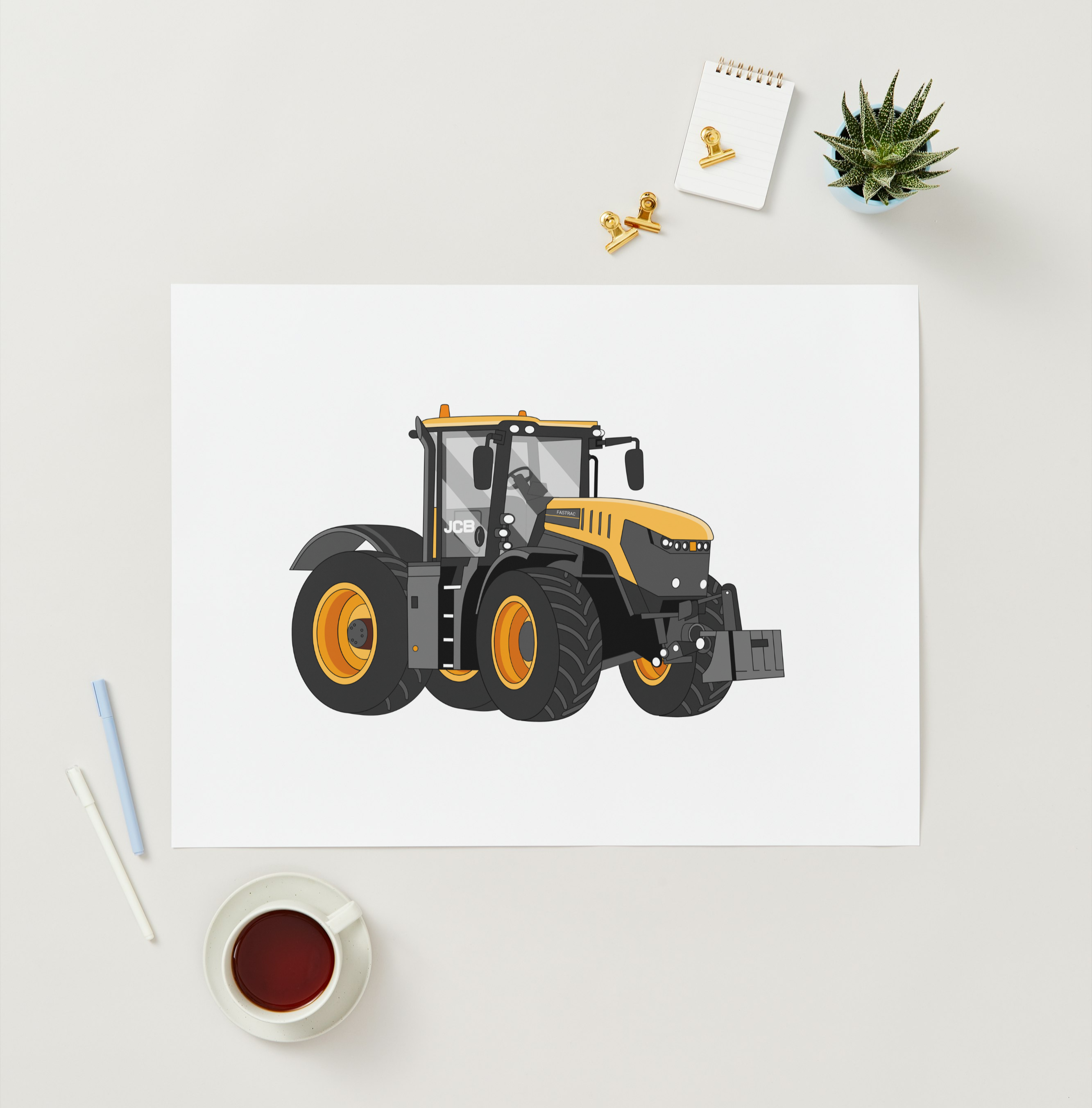 Tractor illustration on a white background with a cup of tea and decorative items.