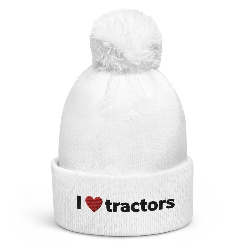 The Farmers Mugs Store I Love Tractors Pom Pom Beanie (White) Quality Farmers Merch