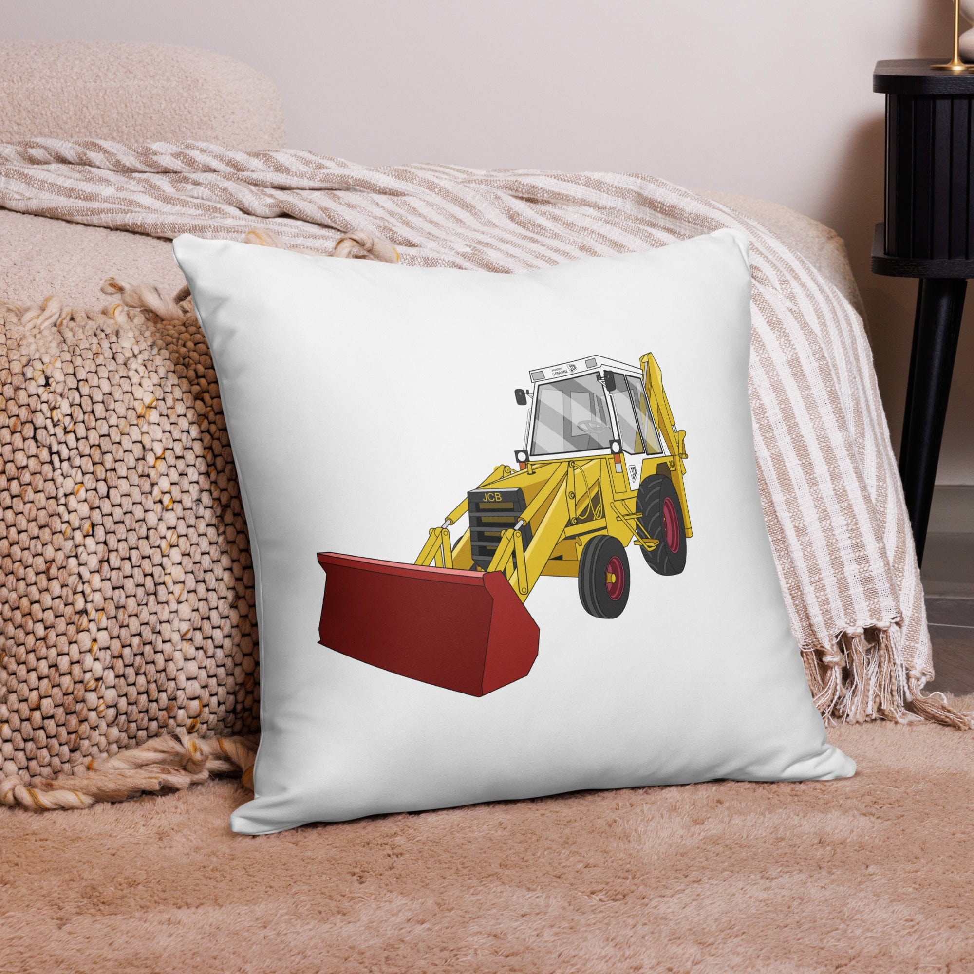 The Tractor Mugs Store 22″×22″ JCB 3CX White Cabin 2WD | Pillow Case Quality Farmers Merch