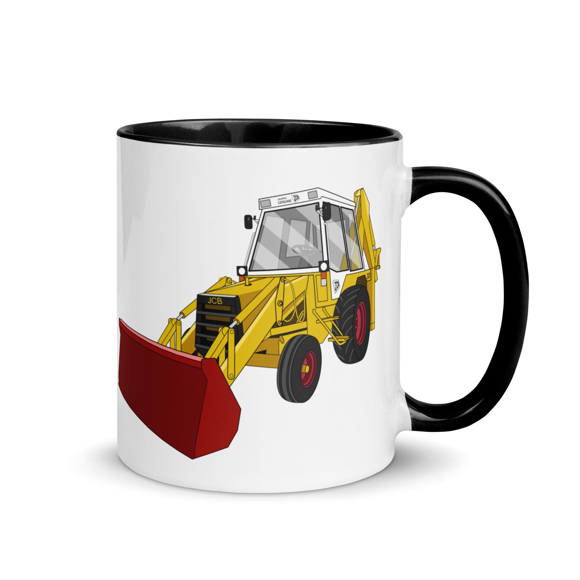 The Tractors Mugs Store Black JCB 3CX White Cabin 2WD Mug with Color Inside Quality Farmers Merch