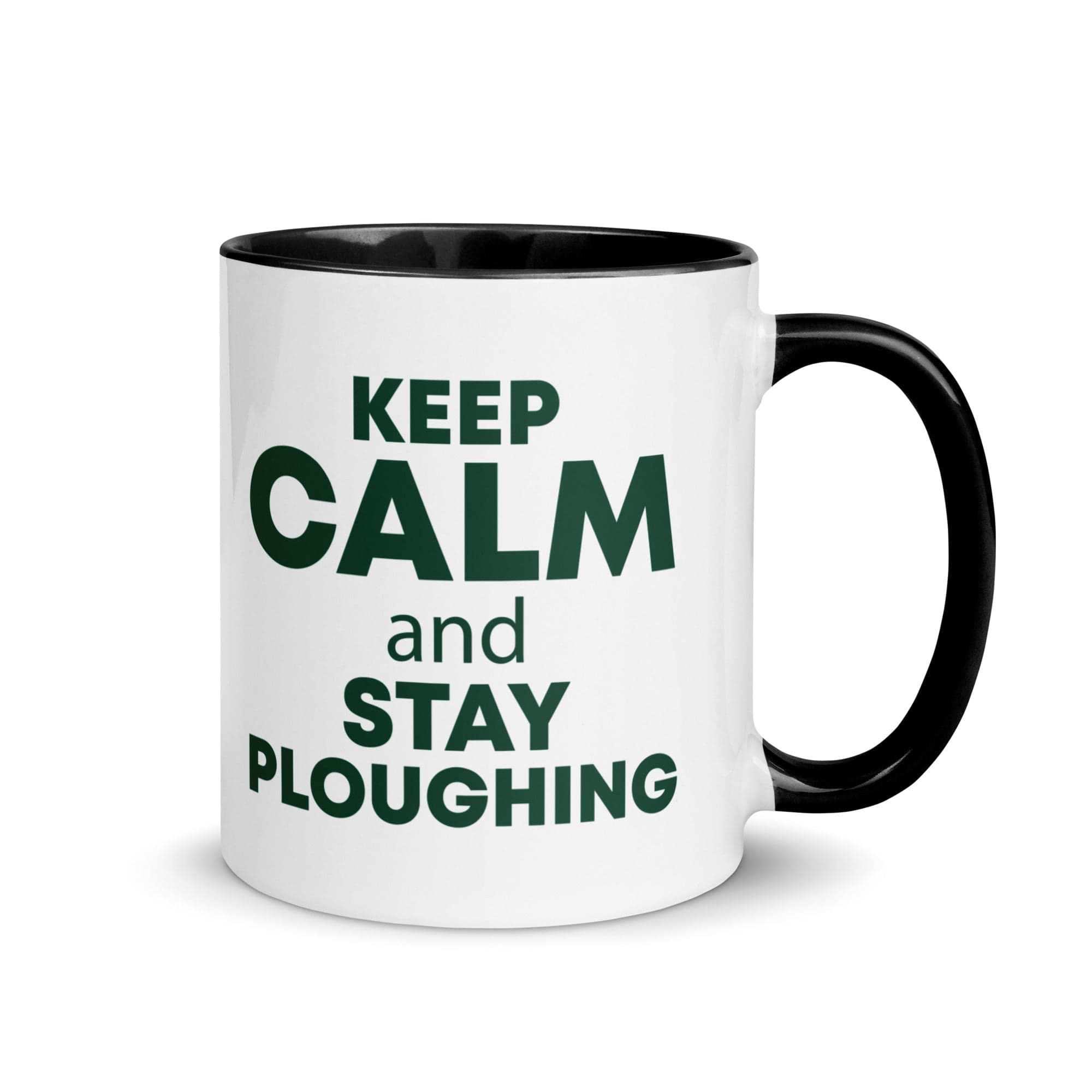 The Tractors Mugs Store Black KEEP CALM and STAY PLOUGHING Mug with Color Inside Quality Farmers Merch