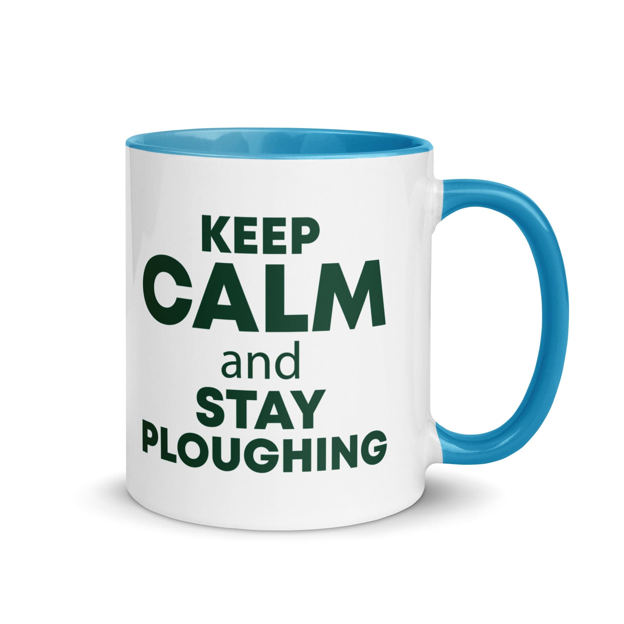 The Tractors Mugs Store Blue KEEP CALM and STAY PLOUGHING Mug with Color Inside Quality Farmers Merch