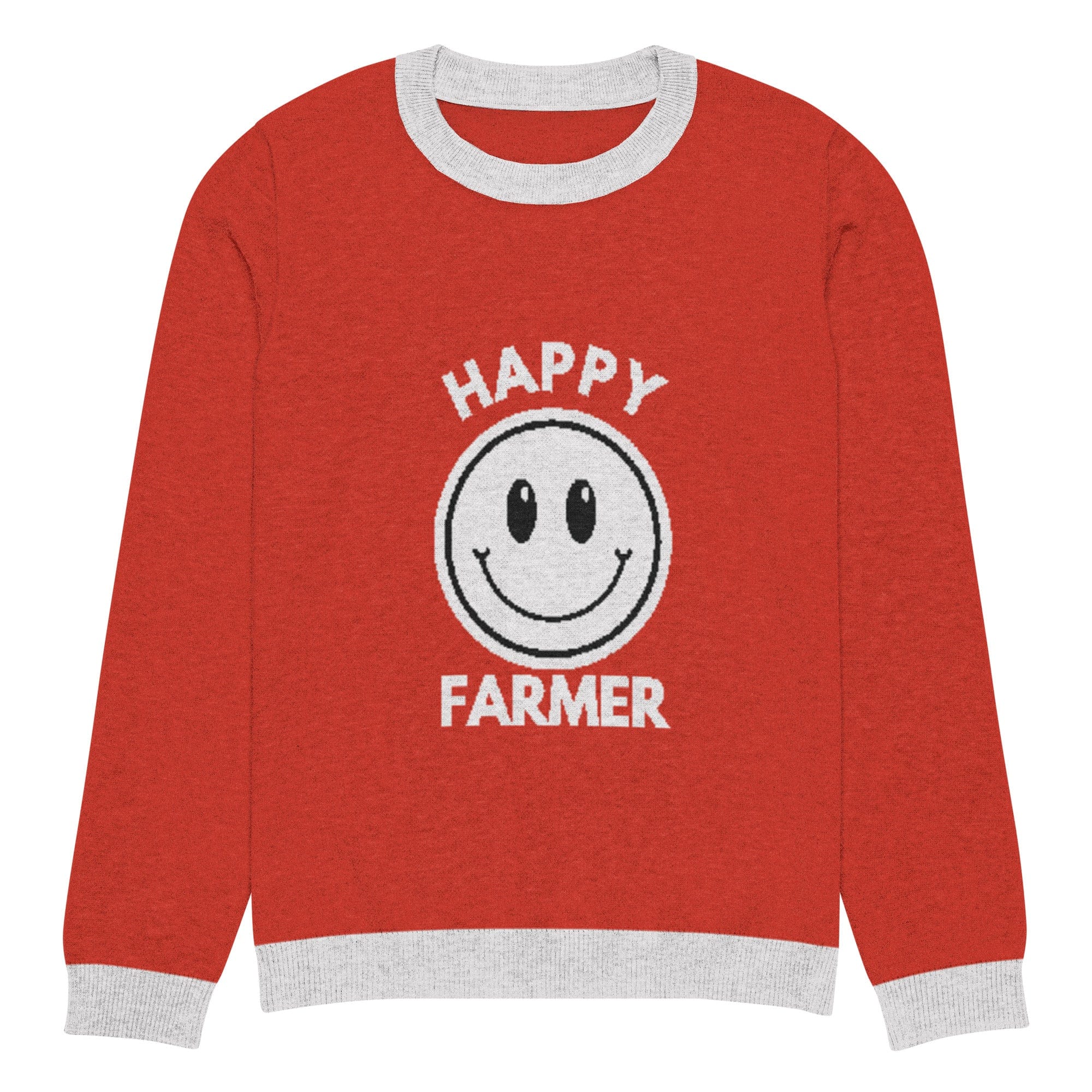 The Tractors Mugs Store L Happy Farmer (Red) Knitted crew neck sweater Quality Farmers Merch