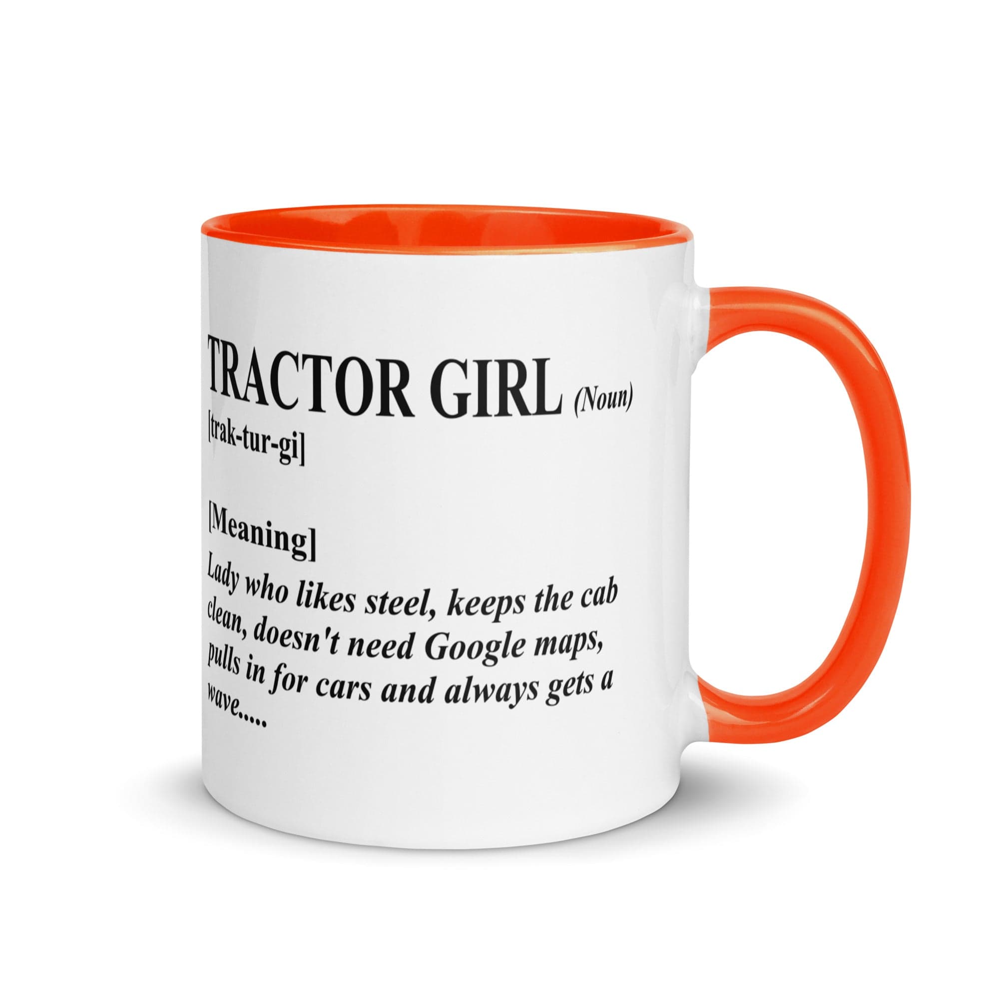 The Tractors Mugs Store Orange Tractor Girl Mug with Color Inside Quality Farmers Merch