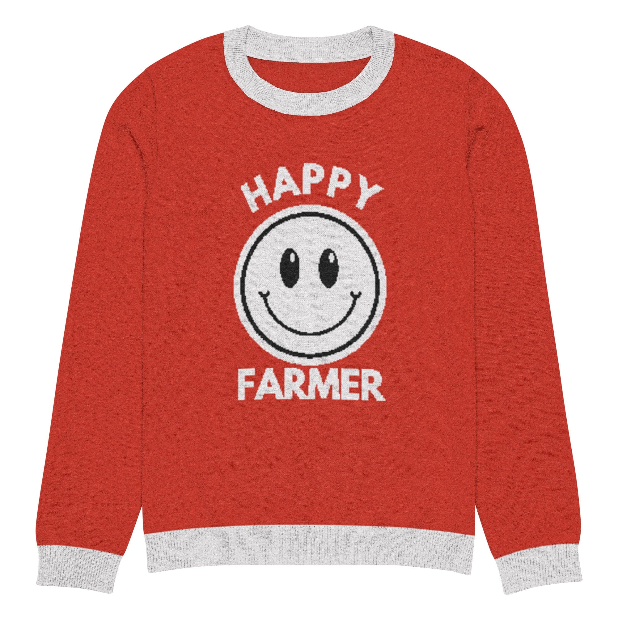 The Tractors Mugs Store S Happy Farmer (Red) Knitted crew neck sweater Quality Farmers Merch