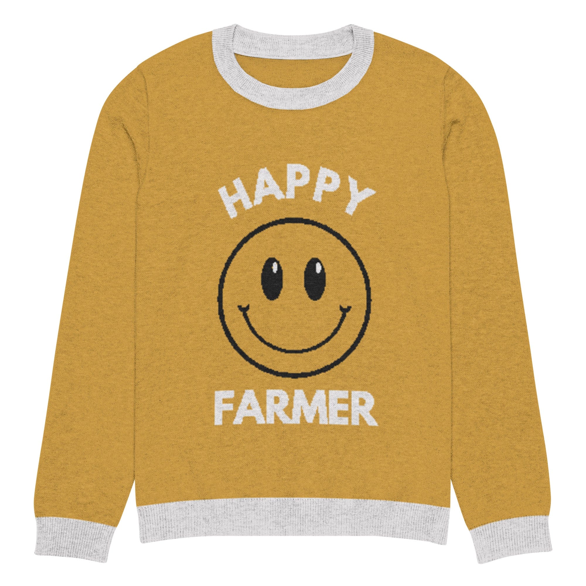 The Tractors Mugs Store S Happy Farmer (Yellow) Knitted crew neck sweater Quality Farmers Merch