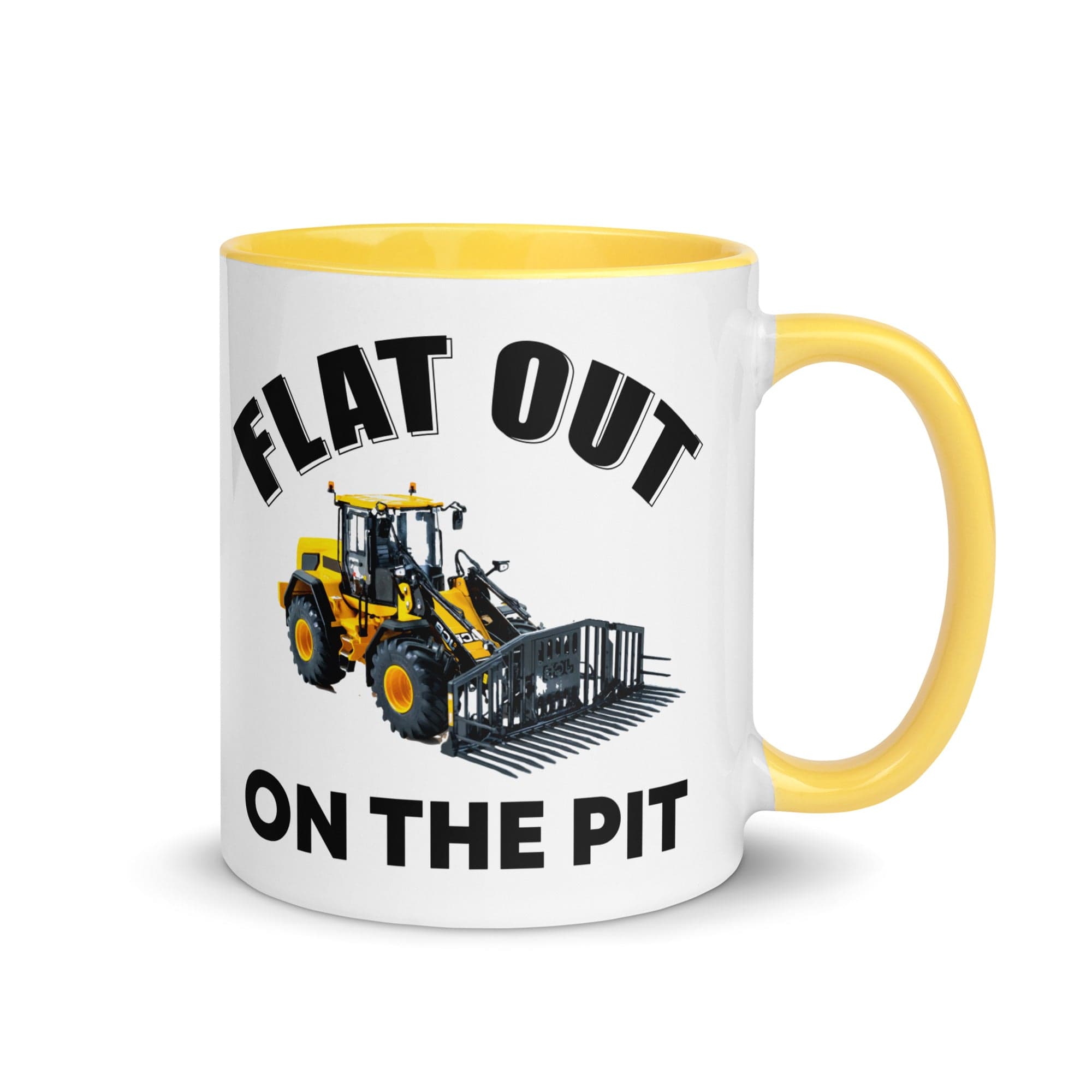 The Tractors Mugs Store Yellow Flat out on the Pit Mug with Color Inside Quality Farmers Merch