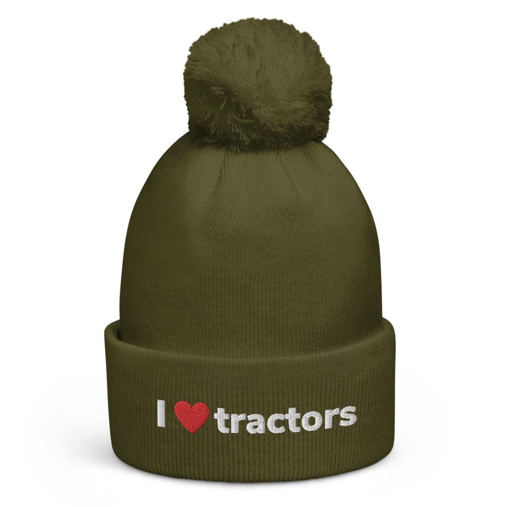 The Farmers Mugs Store Moss Green I Love Tractors Pom Pom Beanie Quality Farmers Merch