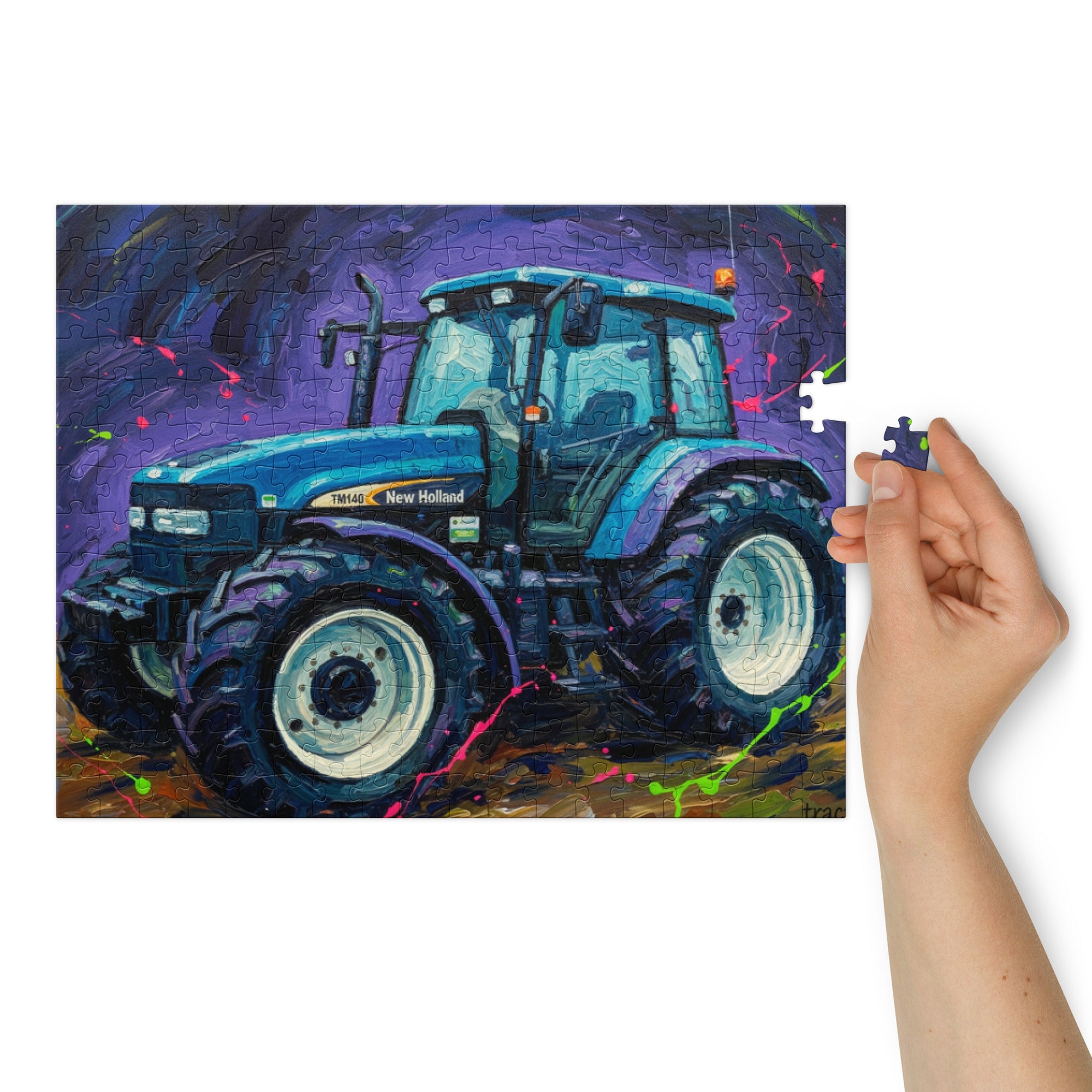 The Tractor Mugs Store 14″×11″ (252 pcs) New Holland TM 140 Splash Art Canvas | Jigsaw Puzzle Quality Farmers Merch