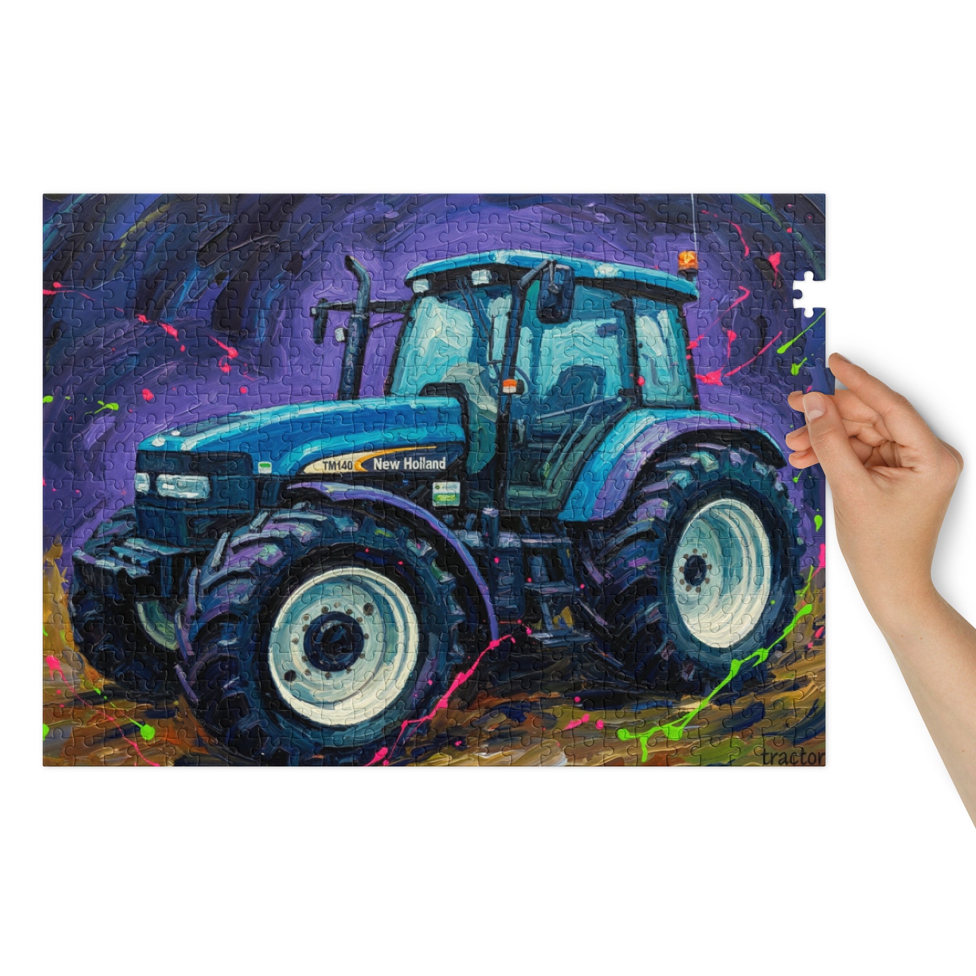 The Tractor Mugs Store 21″×15.5″ (500 pcs) New Holland TM 140 Splash Art Canvas | Jigsaw Puzzle Quality Farmers Merch