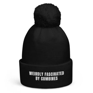 The Tractor Mugs Store Black Weirdly Fascinated by Combines | Pom-Pom Beanie Quality Farmers Merch