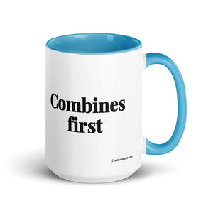 The Tractor Mugs Store Blue Combines First | 15 oz Mug with Color Inside Quality Farmers Merch