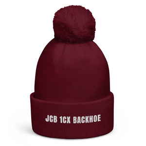 The Tractor Mugs Store Burgundy JCB 1CX Backhoe | Pom-Pom Beanie Quality Farmers Merch