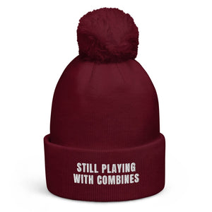 The Tractor Mugs Store Burgundy Still Playing With Combines | Pom-Pom Beanie Quality Farmers Merch