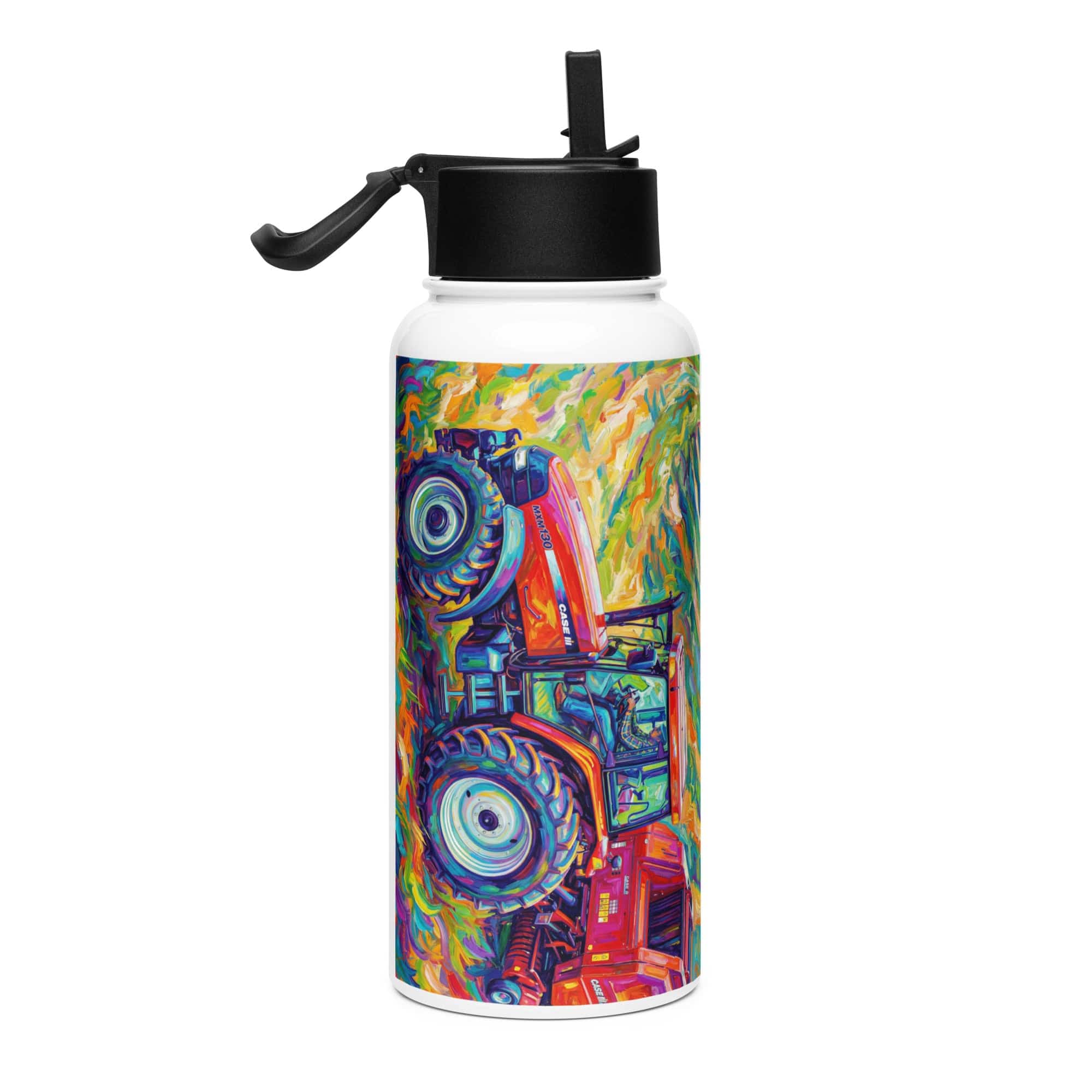 The Tractor Mugs Store CASE MX 130 | Splash Art Stainless steel water bottle with a straw lid Quality Farmers Merch