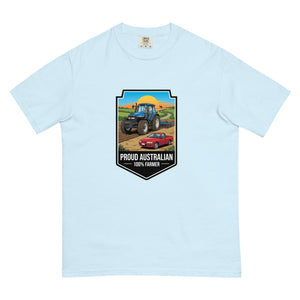 The Tractor Mugs Store Chambray New Holland TM 155 PROUD AUSTRALIAN 100% FARMER Bright | Unisex Premium T-shirt Quality Farmers Merch