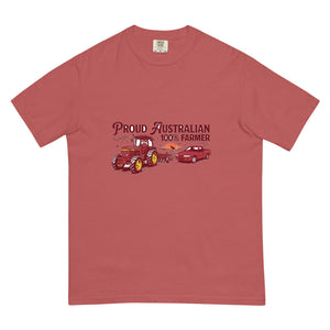 The Tractor Mugs Store Crimson John Deere 3350 4WD PROUD AUSTRALIAN 100% FARMER Two Tone | Unisex Premium T-shirt Quality Farmers Merch