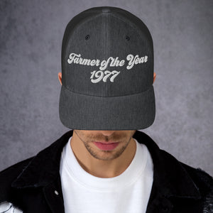 The Tractor Mugs Store Dark Heather Gray Farmer of The Year 1977 | Retro 70's Trucker Cap Quality Farmers Merch