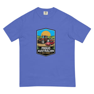 The Tractor Mugs Store Flo Blue FIATAGRI F130 PROUD AUSTRALIAN 100% FARMER Bright | Unisex Premium T-shirt Quality Farmers Merch