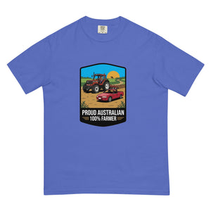 The Tractor Mugs Store Flo Blue FIATAGRI F140 PROUD AUSTRALIAN 100% FARMER Bright | Unisex Premium T-shirt Quality Farmers Merch