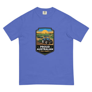The Tractor Mugs Store Flo Blue New Holland T7.210 PROUD AUSTRALIAN 100% FARMER Bright | Unisex Premium T-shirt Quality Farmers Merch