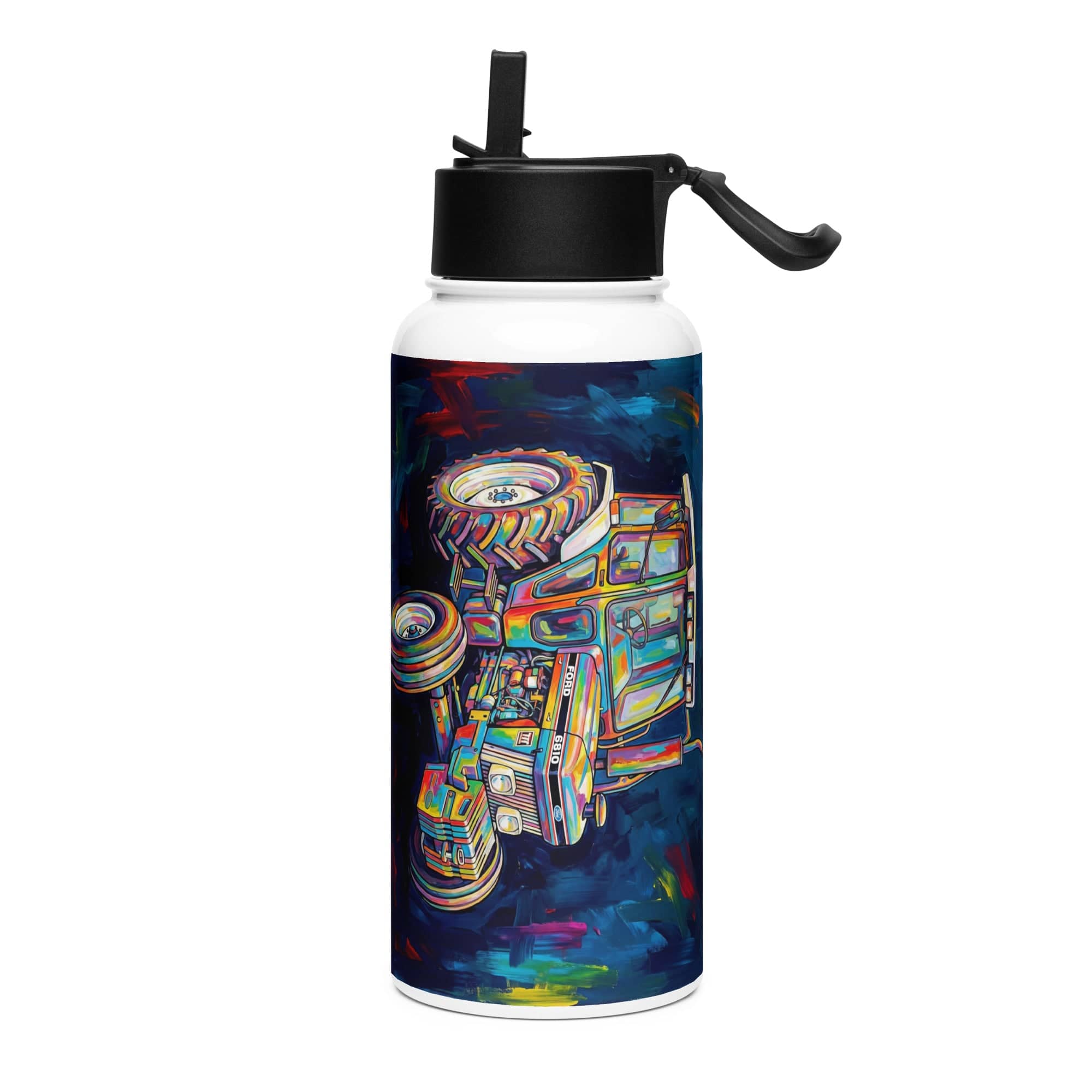 The Tractor Mugs Store Ford 6810 2WD | Splash Art Stainless steel water bottle with a straw lid Quality Farmers Merch