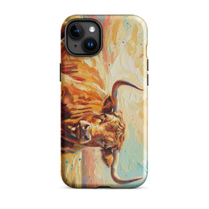 The Tractor Mugs Store iPhone 15 Plus English Longhorn Cow Splash Art | Tough Case for iPhone® Quality Farmers Merch