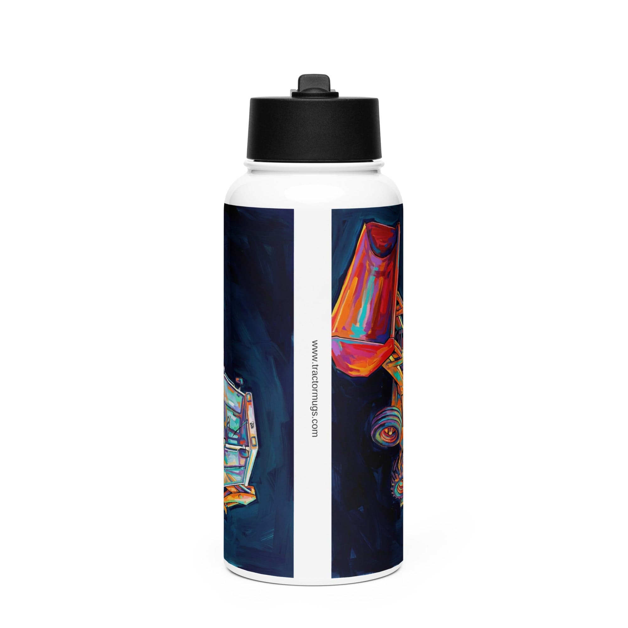 The Tractor Mugs Store JCB 3CX White Cabin | Splash Art Stainless steel water bottle with a straw lid Quality Farmers Merch