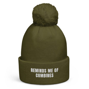 The Tractor Mugs Store Moss Green Reminds Me of Combines | Pom-Pom Beanie Quality Farmers Merch