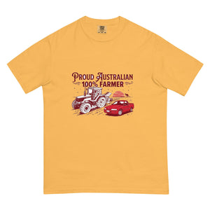 The Tractor Mugs Store Mustard FIATAGRI F140 PROUD AUSTRALIAN 100% FARMER Two Tone | Unisex Premium T-shirt Quality Farmers Merch