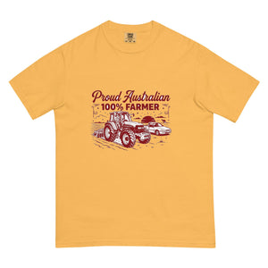 The Tractor Mugs Store Mustard New Holland TM 135 PROUD AUSTRALIAN 100% FARMER Two Tone | Unisex Premium T-shirt Quality Farmers Merch