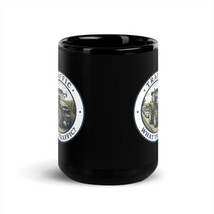 The Tractor Mugs Store New Holland TM 135 TRAFFIC WHAT TRAFFIC? Engraving | Black Mug Quality Farmers Merch