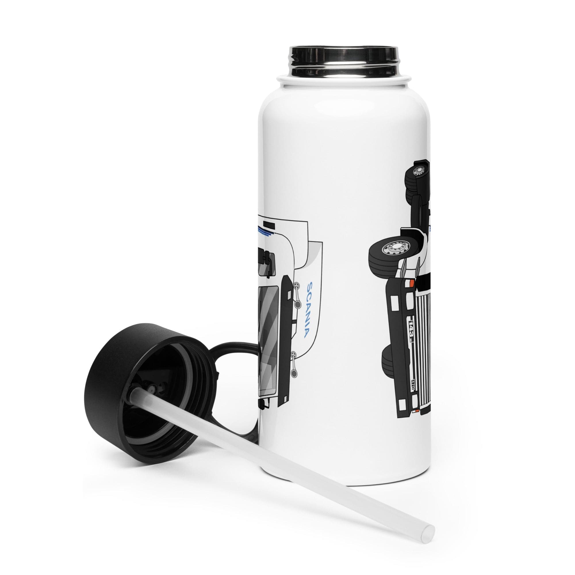 The Tractor Mugs Store Scania 143M 470 | Stainless steel water bottle with a straw lid Quality Farmers Merch