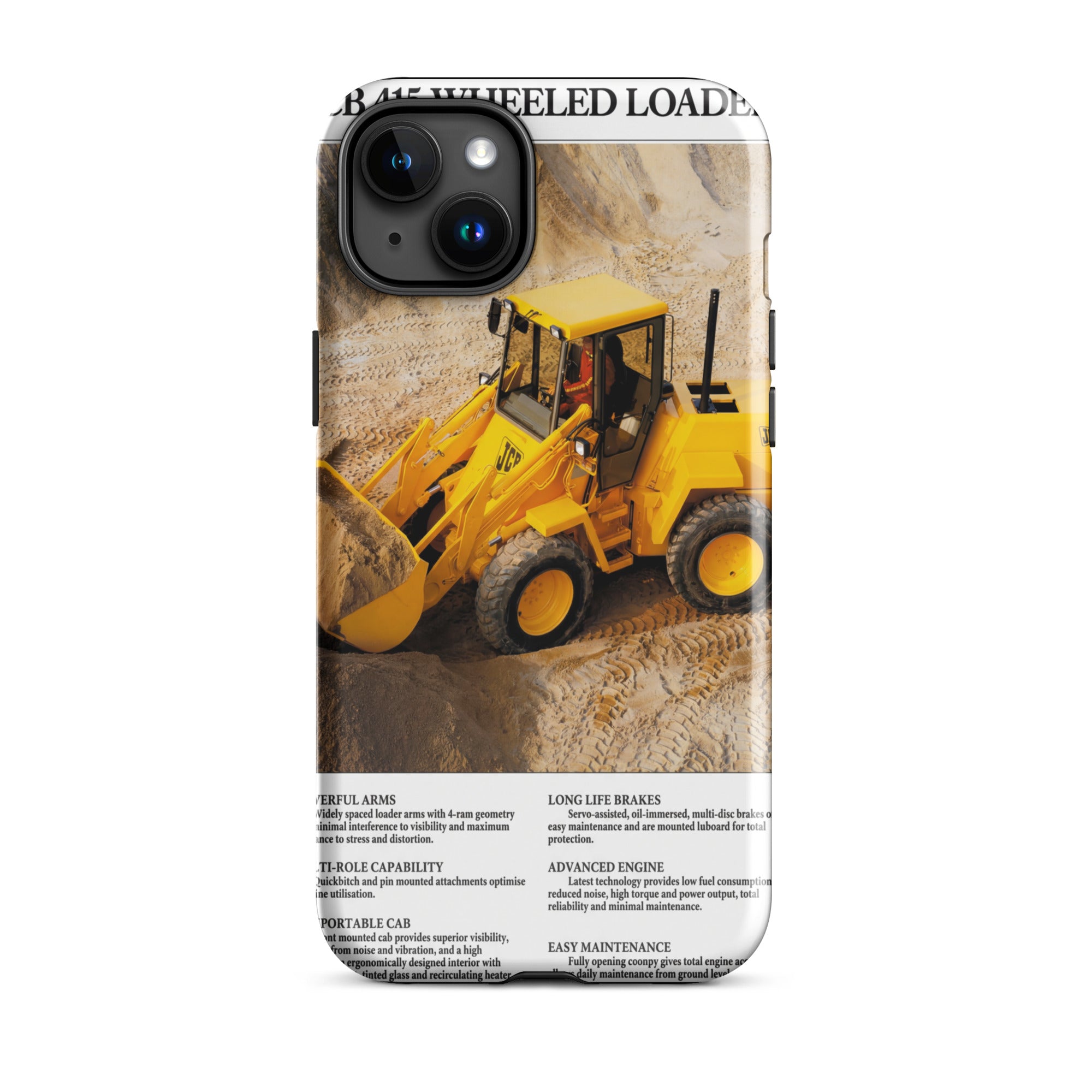 The Tractor Mugs Store Tough Case for iPhone® iPhone 15 Plus JCB 415 Loader Advert | Tough Case for iPhone® Quality Farmers Merch