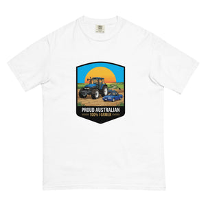 The Tractor Mugs Store White New Holland TM 135 PROUD AUSTRALIAN 100% FARMER Bright | Unisex Premium T-shirt Quality Farmers Merch