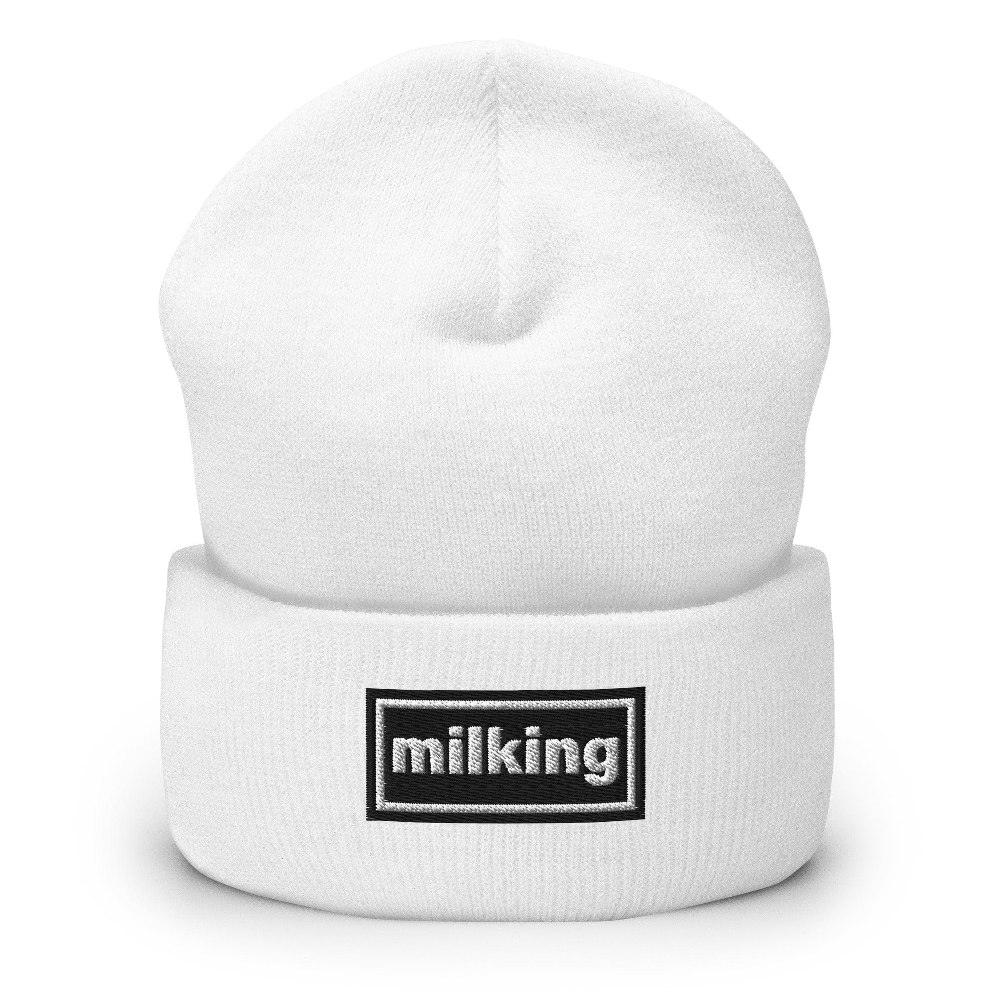 The Tractor Mugs Store White OASIS Style 'Milking' | Cuffed Beanie Quality Farmers Merch