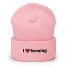 The Tractors Mugs Store Baby Pink I love Farming Cuffed Beanie (Embroidered) Quality Farmers Merch