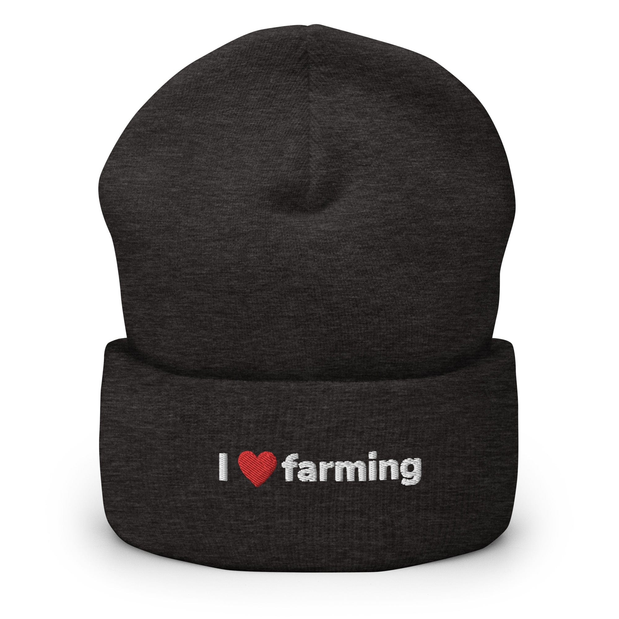 The Tractors Mugs Store Dark Grey I Love Farming Cuffed Beanie (Embroidered) Quality Farmers Merch