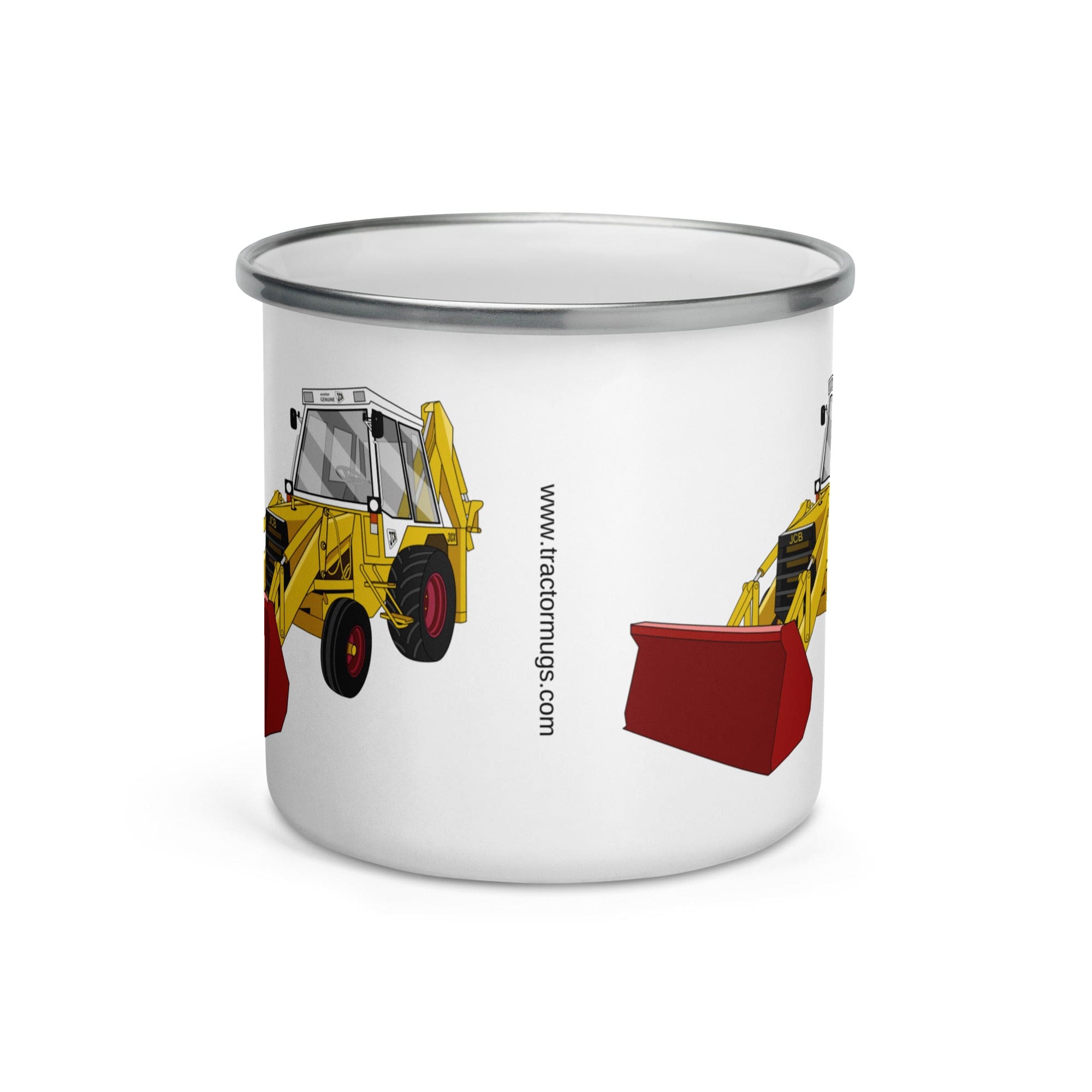 The Tractors Mugs Store JCB 3CX White Cabin 2WD Enamel Mug Quality Farmers Merch