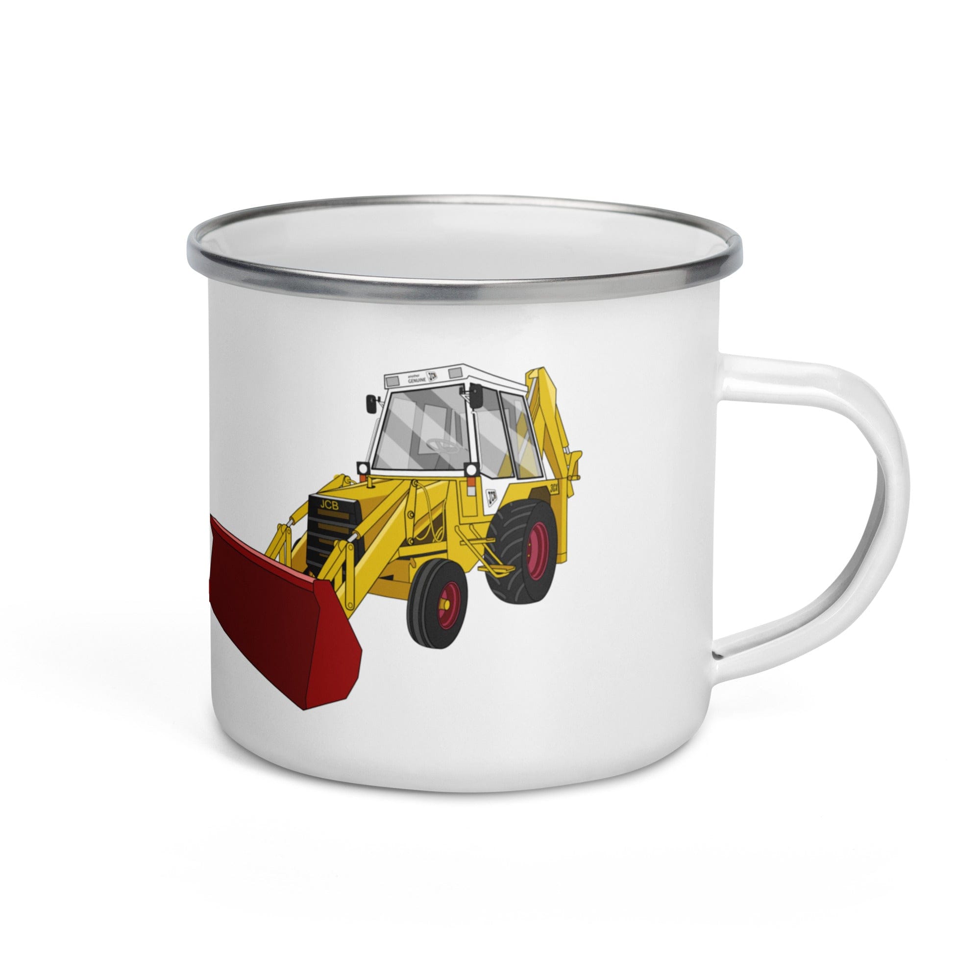 The Tractors Mugs Store JCB 3CX White Cabin 2WD Enamel Mug Quality Farmers Merch