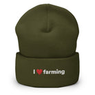 The Tractors Mugs Store Olive I Love Farming Cuffed Beanie (Embroidered) Quality Farmers Merch