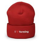 The Tractors Mugs Store Red I Love Farming Cuffed Beanie (Embroidered) Quality Farmers Merch