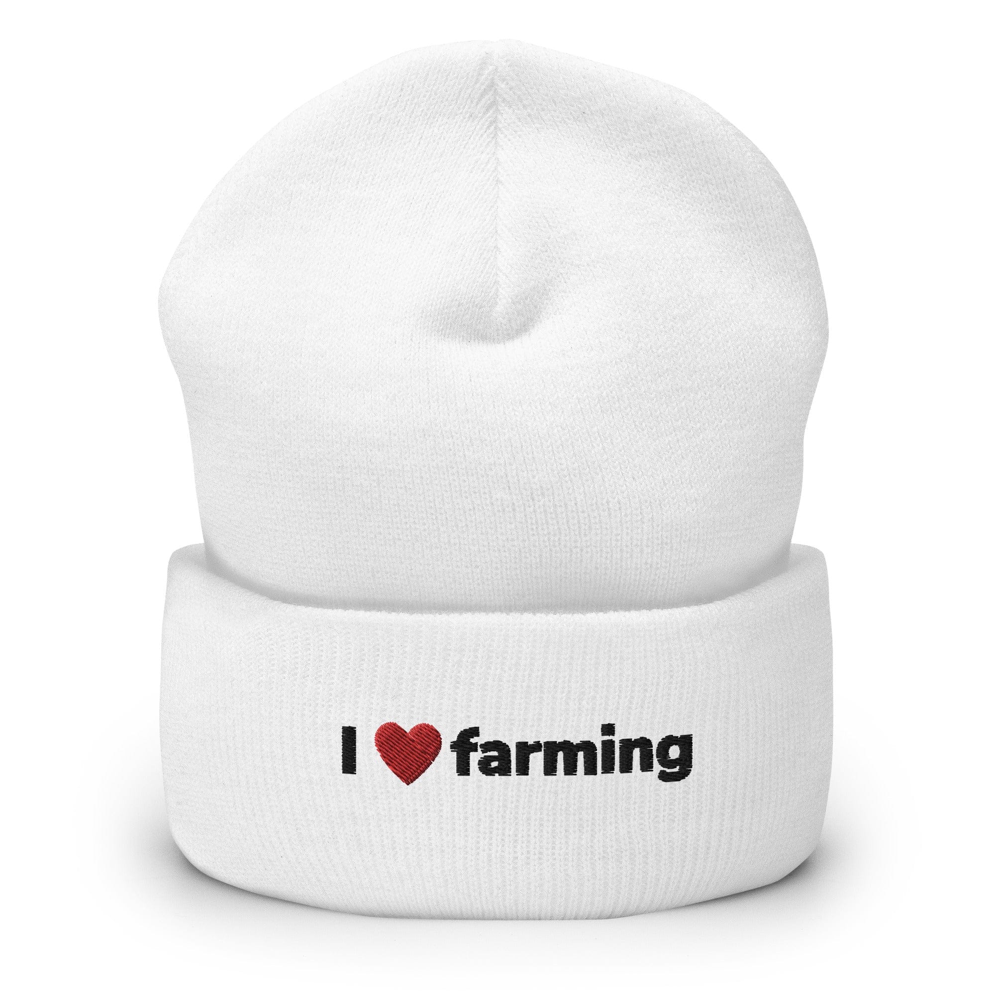 The Tractors Mugs Store White I love Farming Cuffed Beanie (Embroidered) Quality Farmers Merch